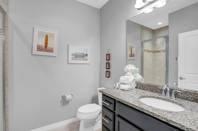 bathroom with toilet, tile patterned flooring, vanity, and a shower with door