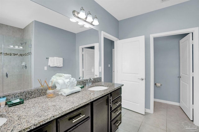 bathroom with vanity, a shower with shower door, and tile patterned flooring