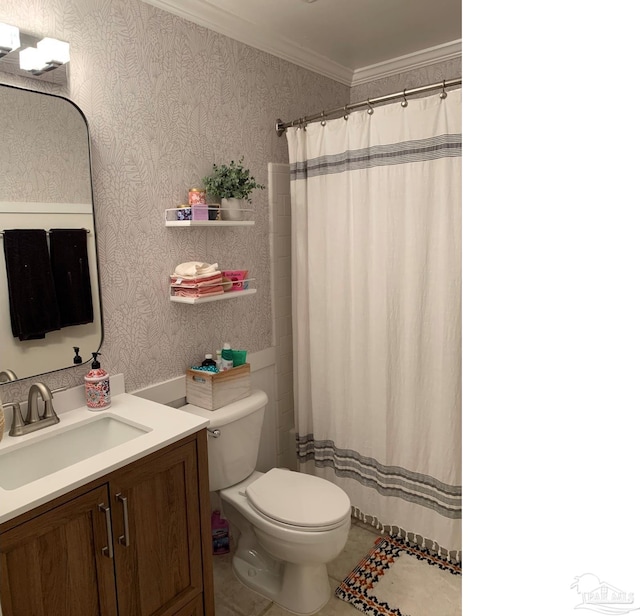 bathroom with vanity, crown molding, tile patterned flooring, a shower with shower curtain, and toilet