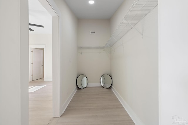 spacious closet with ceiling fan, light wood finished floors, and visible vents