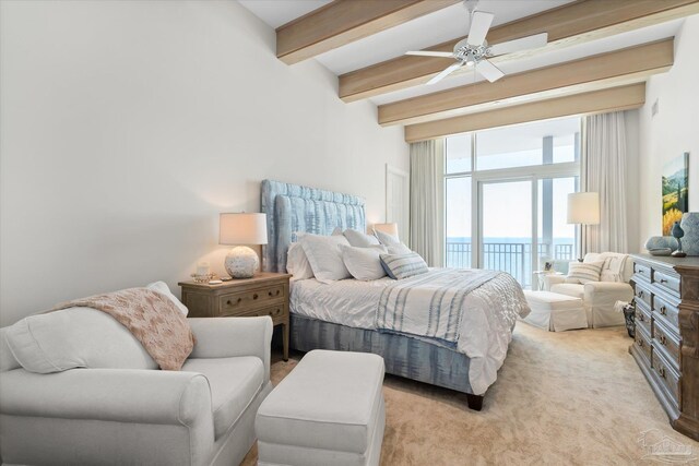 carpeted bedroom featuring a water view, access to outside, beamed ceiling, and ceiling fan