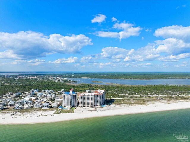 aerial view with a water view and a view of the beach