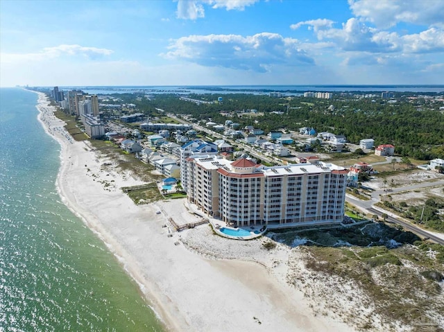 bird's eye view with a view of the beach and a water view