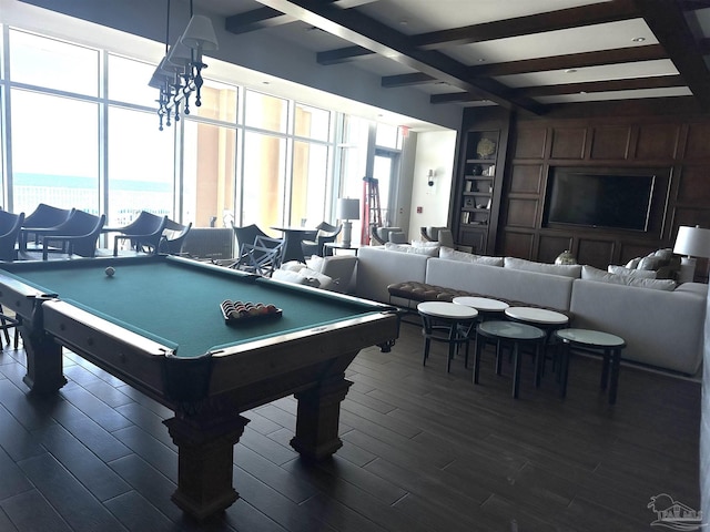 game room featuring dark hardwood / wood-style flooring, beamed ceiling, and billiards