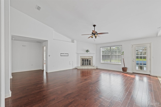 4810 Endeavor Ct, Milton, FL 32570 - unfurnished living room with a ceiling fan, wood finished floors, vaulted ceiling, and baseboards