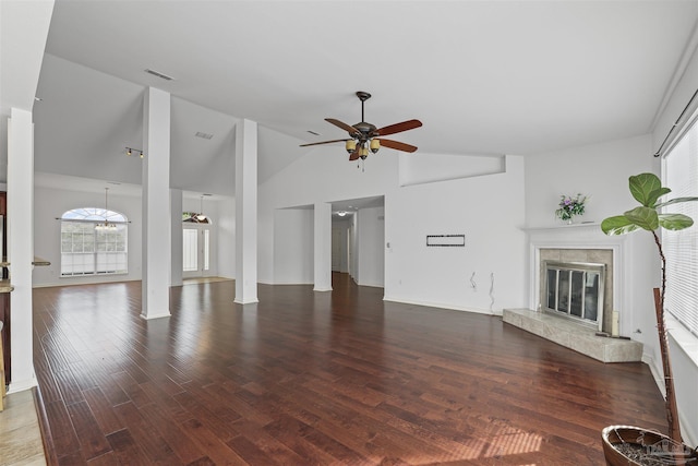 4810 Endeavor Ct, Milton, FL 32570 - unfurnished living room with wood finished floors, a fireplace, a ceiling fan, high vaulted ceiling, and baseboards