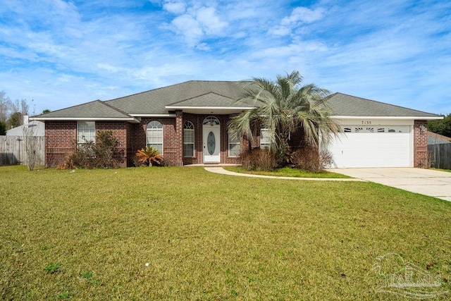 single story home with a garage and a front yard