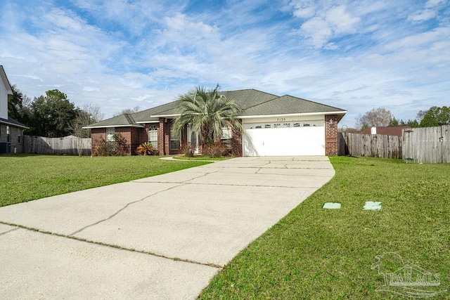 ranch-style home featuring a garage, central AC, and a front lawn