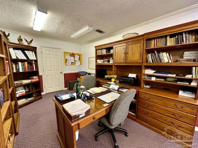 home office featuring crown molding, a textured ceiling, and dark colored carpet