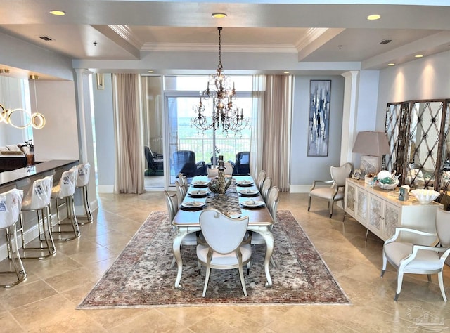 dining space featuring an inviting chandelier, decorative columns, a raised ceiling, and light tile patterned floors