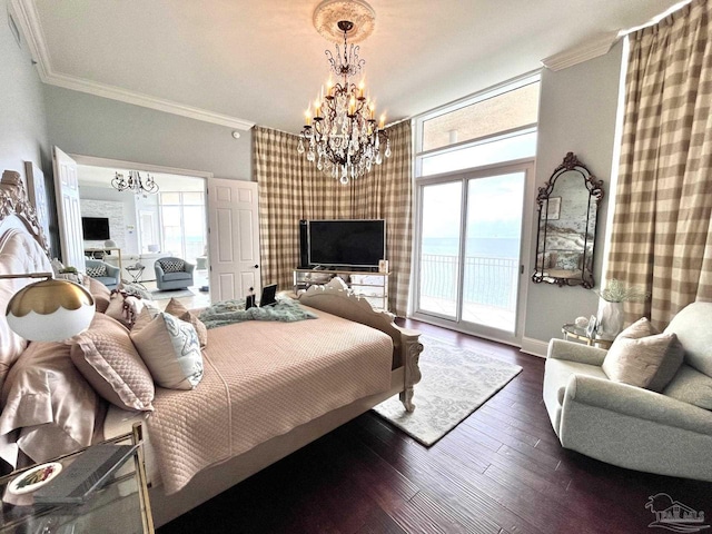 bedroom featuring access to outside, a chandelier, hardwood / wood-style flooring, and ornamental molding