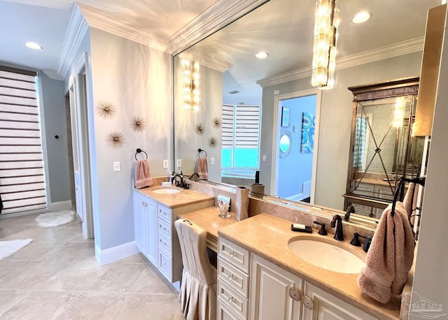 bathroom with tile patterned flooring, vanity, and ornamental molding