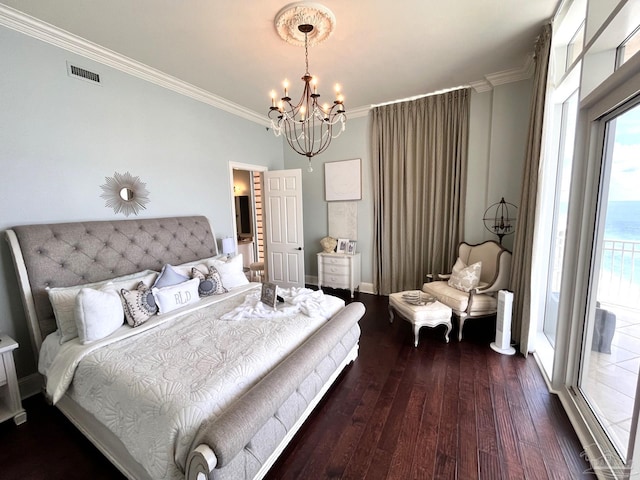 bedroom with multiple windows, a chandelier, wood-type flooring, and ornamental molding