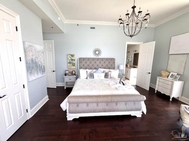 bedroom with ornamental molding, an inviting chandelier, and dark wood-type flooring