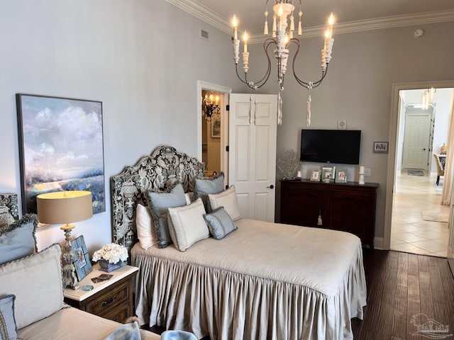 tiled bedroom featuring crown molding and a notable chandelier