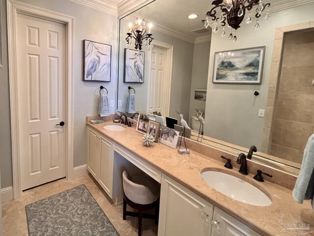 bathroom with double vanity, tile patterned flooring, and crown molding