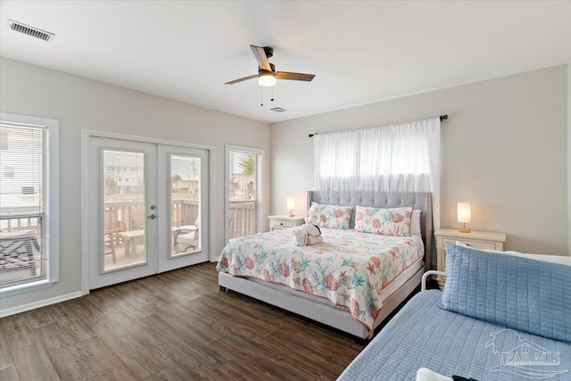 bedroom with ceiling fan, french doors, access to exterior, and dark wood-type flooring