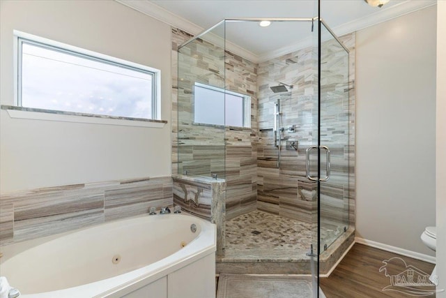 bathroom with crown molding, plus walk in shower, toilet, and wood-type flooring