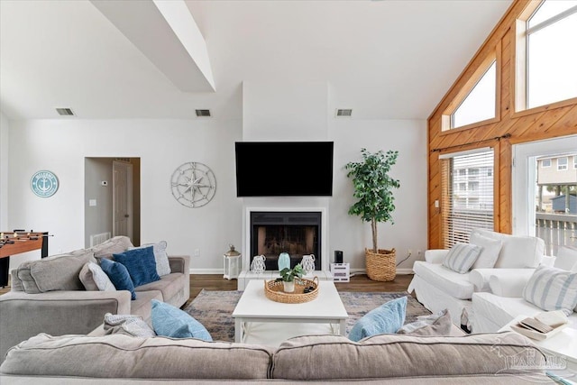 living room with hardwood / wood-style flooring and lofted ceiling