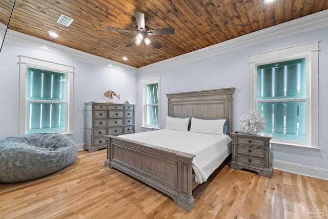 bedroom featuring ceiling fan, wood ceiling, crown molding, and light hardwood / wood-style flooring