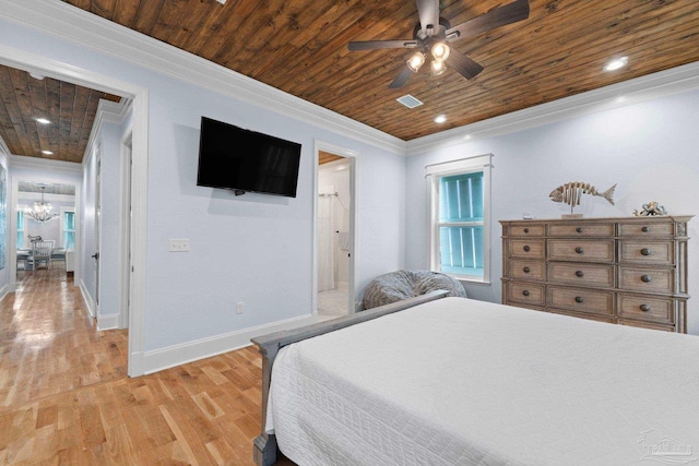 bedroom featuring ceiling fan with notable chandelier, light wood-type flooring, crown molding, and wooden ceiling