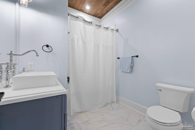 bathroom with ornamental molding, vanity, wooden ceiling, toilet, and curtained shower