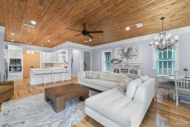 living room featuring light hardwood / wood-style floors and wood ceiling