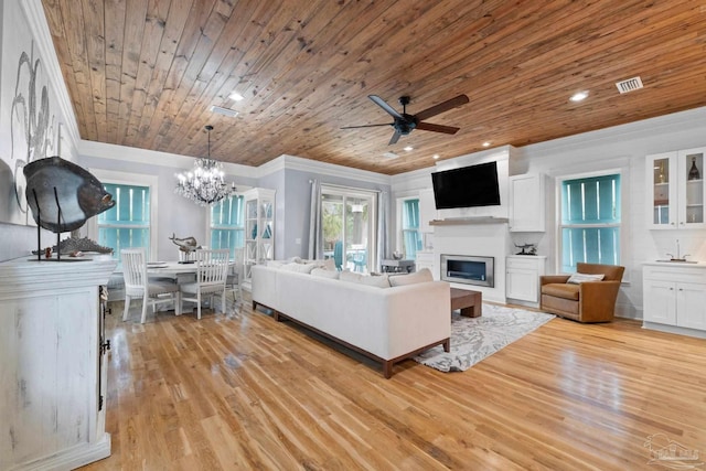 living room with ceiling fan with notable chandelier, sink, light wood-type flooring, ornamental molding, and wood ceiling