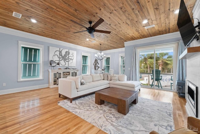 living room featuring light hardwood / wood-style floors, wooden ceiling, and crown molding