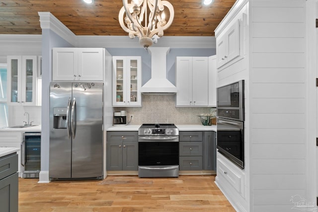 kitchen featuring premium range hood, stainless steel appliances, white cabinets, gray cabinets, and wine cooler