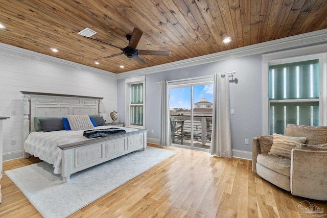 bedroom with access to outside, light hardwood / wood-style flooring, ceiling fan, and wooden ceiling