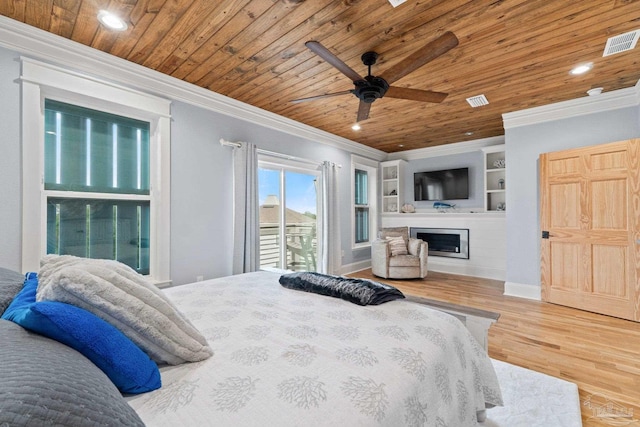 bedroom featuring wood-type flooring, ceiling fan, crown molding, and wood ceiling