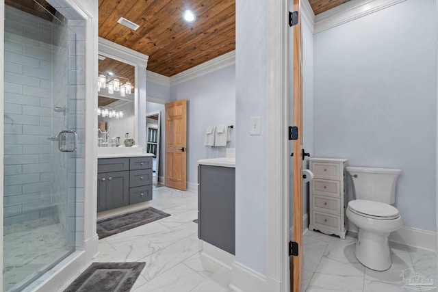 bathroom featuring toilet, vanity, wooden ceiling, and walk in shower