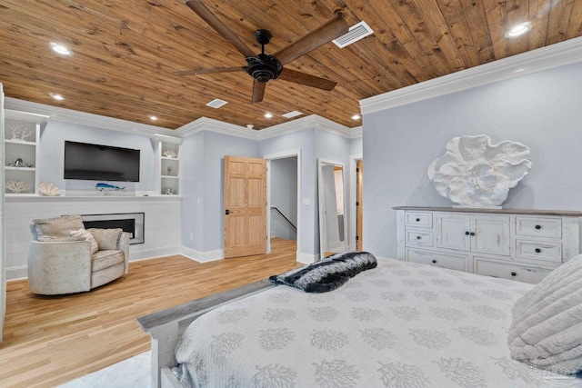 bedroom with ornamental molding, light hardwood / wood-style flooring, ceiling fan, and wooden ceiling