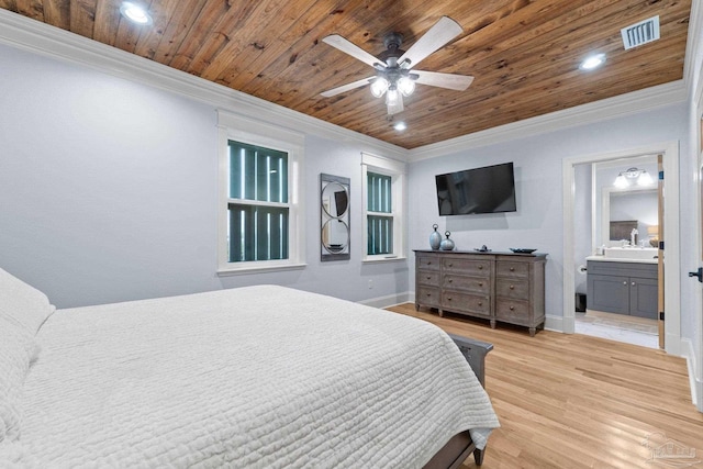 bedroom featuring ceiling fan, wood ceiling, ensuite bathroom, and light hardwood / wood-style flooring