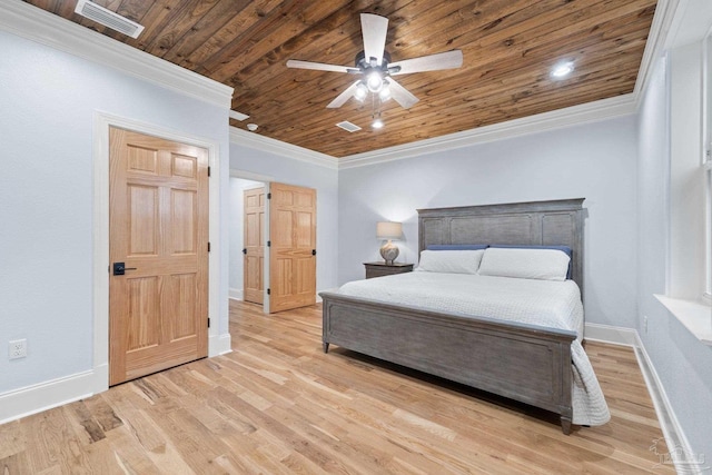 bedroom featuring light wood-type flooring, ceiling fan, crown molding, and wood ceiling