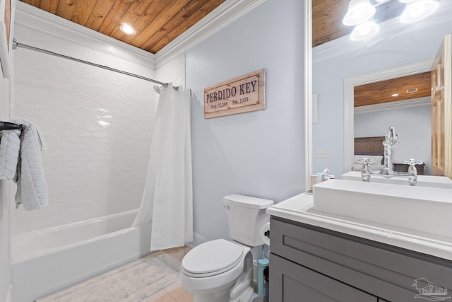 full bathroom featuring tile patterned flooring, crown molding, shower / bath combo with shower curtain, vanity, and wood ceiling