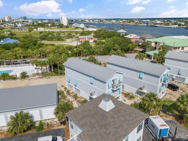 bird's eye view with a water view