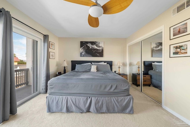 carpeted bedroom with a closet, ceiling fan, and access to outside