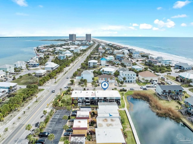 aerial view featuring a beach view and a water view