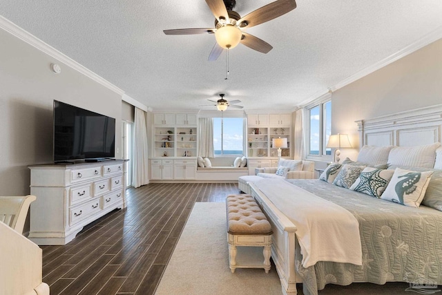 375 Beach Club Trl Unit A1801, Gulf Shores, AL 36542 - bedroom with a textured ceiling, crown molding, dark wood-style flooring, and a ceiling fan