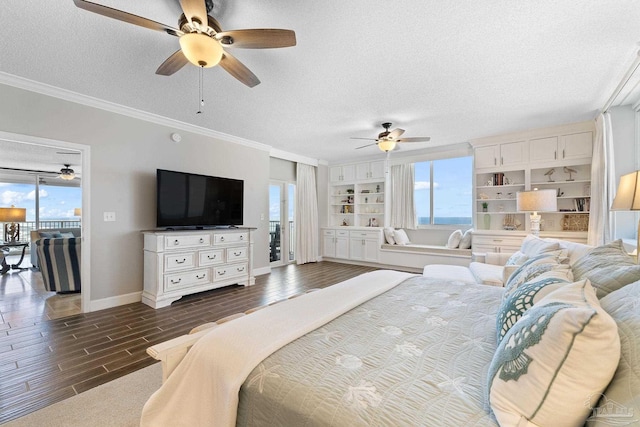 375 Beach Club Trl Unit A1801, Gulf Shores, AL 36542 - bedroom with a textured ceiling, dark wood-style floors, baseboards, ornamental molding, and a ceiling fan