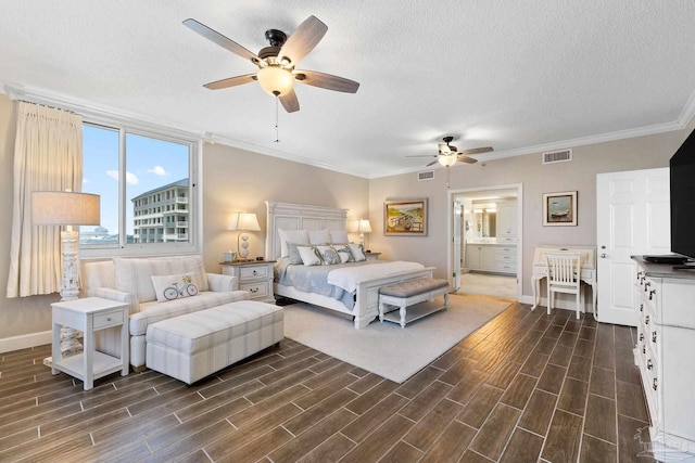 375 Beach Club Trl Unit A1801, Gulf Shores, AL 36542 - bedroom featuring dark wood-style floors, baseboards, a textured ceiling, ornamental molding, and a ceiling fan