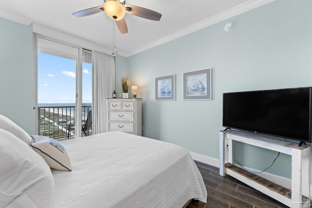 375 Beach Club Trl Unit A1801, Gulf Shores, AL 36542 - bedroom featuring access to exterior, dark wood-style floors, crown molding, baseboards, and ceiling fan