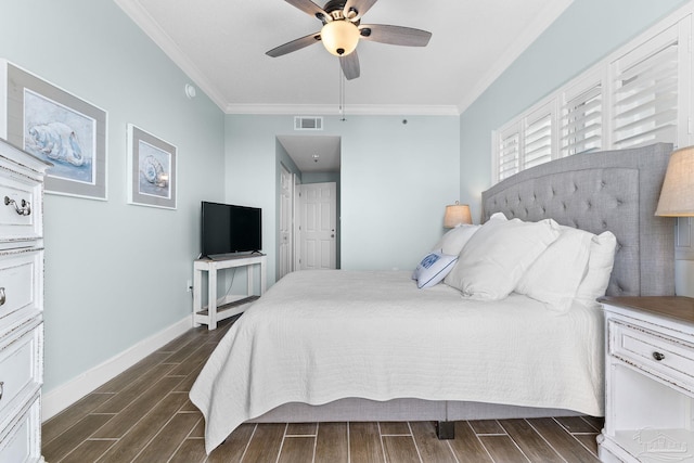 375 Beach Club Trl Unit A1801, Gulf Shores, AL 36542 - bedroom featuring crown molding, dark wood finished floors, baseboards, and a ceiling fan