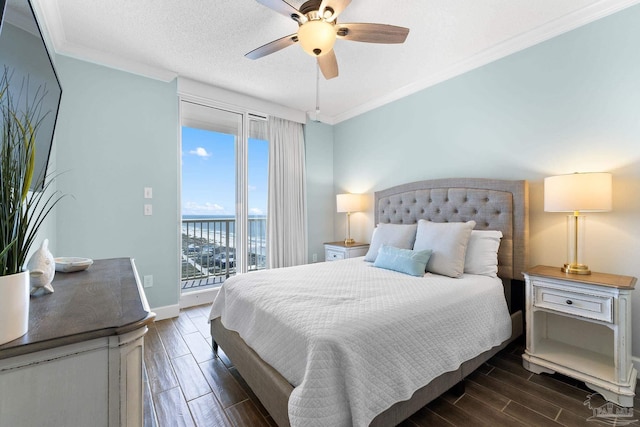 375 Beach Club Trl Unit A1801, Gulf Shores, AL 36542 - bedroom featuring access to outside, a water view, ornamental molding, wood tiled floors, and ceiling fan