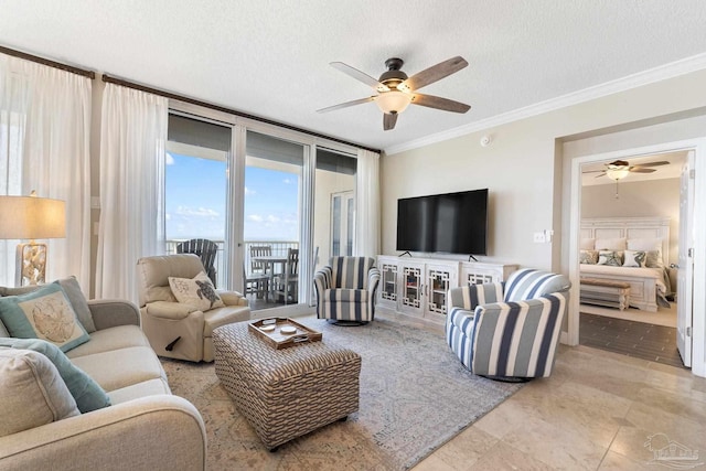 375 Beach Club Trl Unit A1801, Gulf Shores, AL 36542 - living area with ceiling fan, ornamental molding, and a textured ceiling