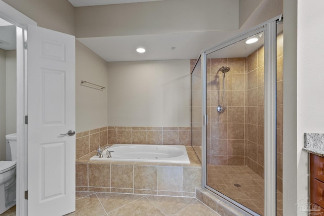 full bathroom with vanity, tile patterned flooring, independent shower and bath, and toilet