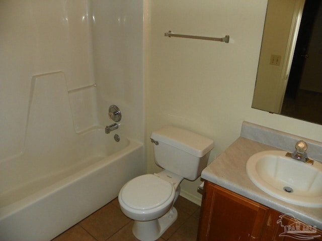 full bathroom with bathing tub / shower combination, vanity, toilet, and tile patterned floors