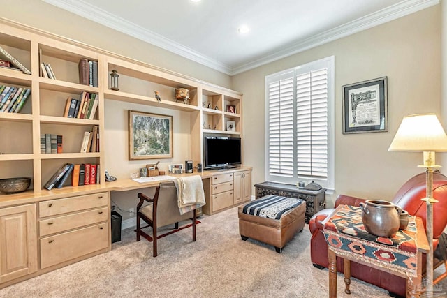 3756 Bengal Rd, Gulf Breeze, FL 32563 - office with light colored carpet, crown molding, built in desk, and recessed lighting